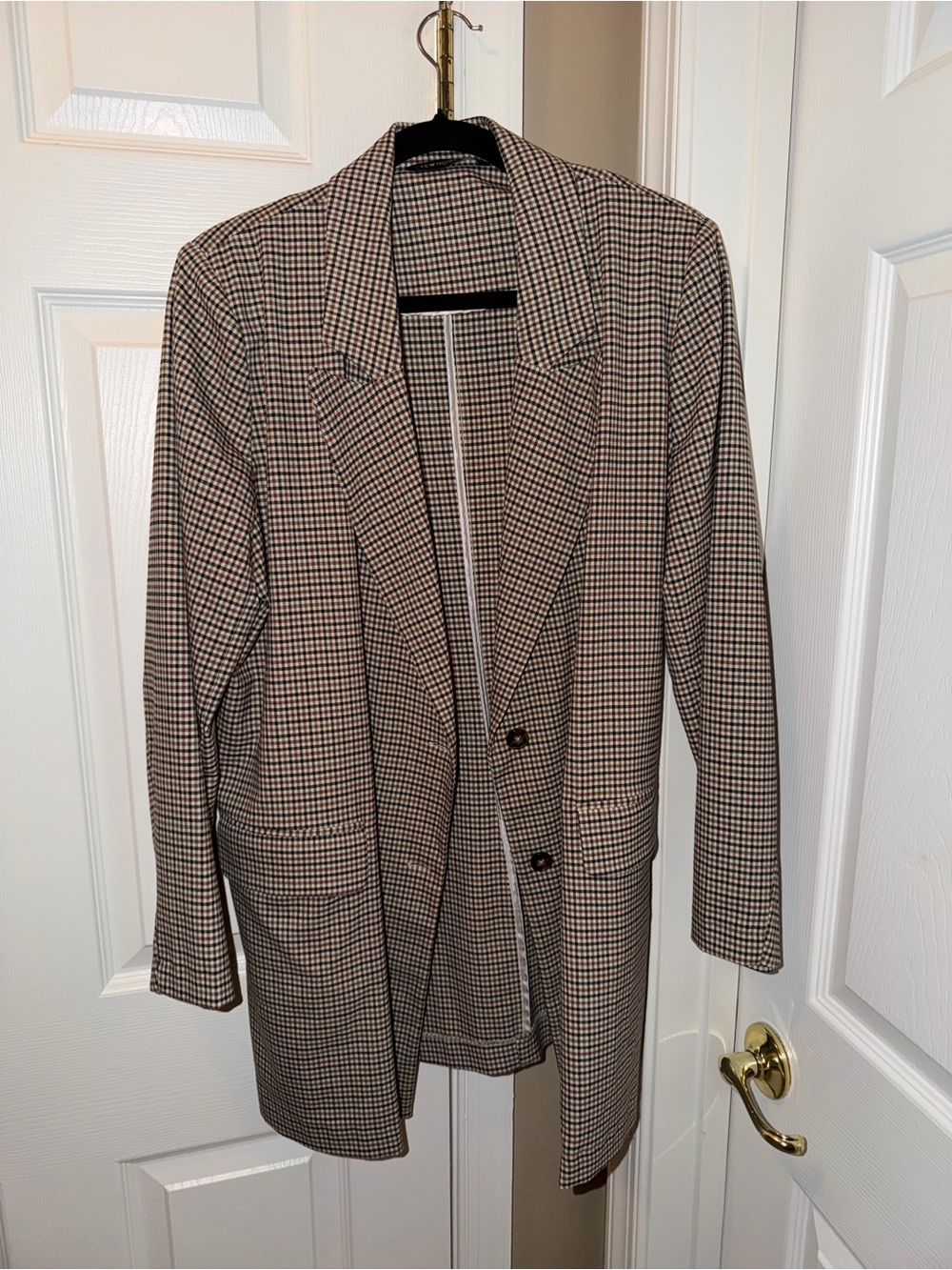 Checked Longline Blazer Jacket - Brown/Black Size 42/L